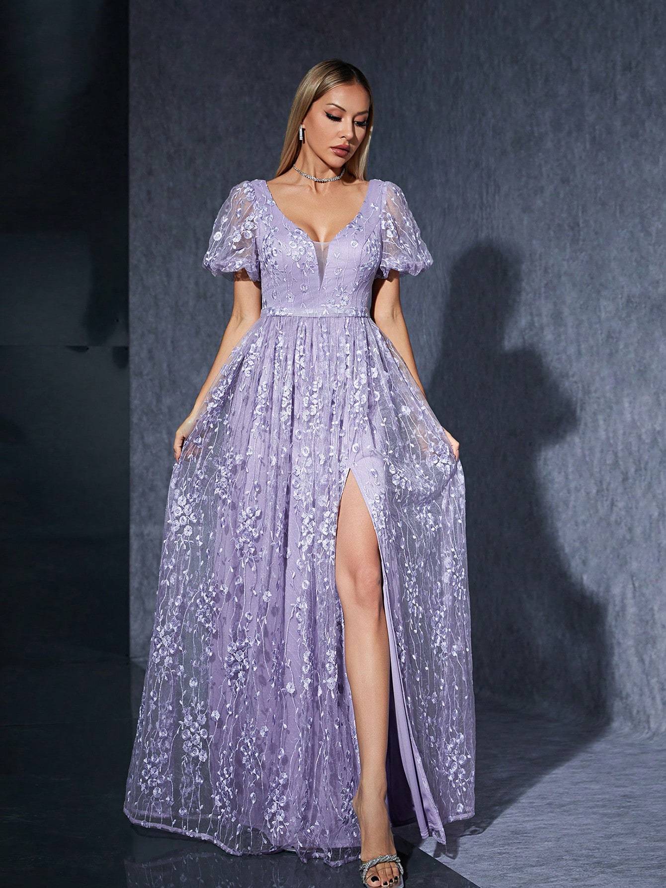 Leely Women's Elegant V Neck Flounce Sleeve Party Dress