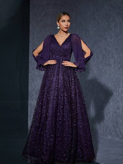 Leely Elegant V Neck Split Sleeve Lace Evening Gown