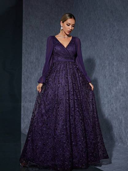 Leely Elegant V Neck Split Sleeve Lace Evening Gown