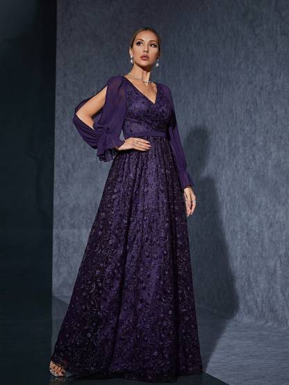 Leely Elegant V Neck Split Sleeve Lace Evening Gown