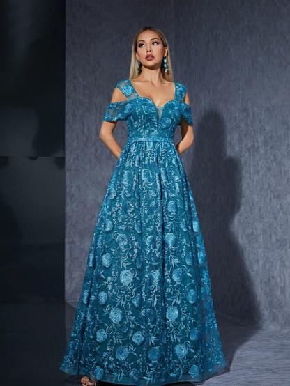 Leely Women's Elegant Sweetheart Cloak Sleeve Lace A-Line Dress
