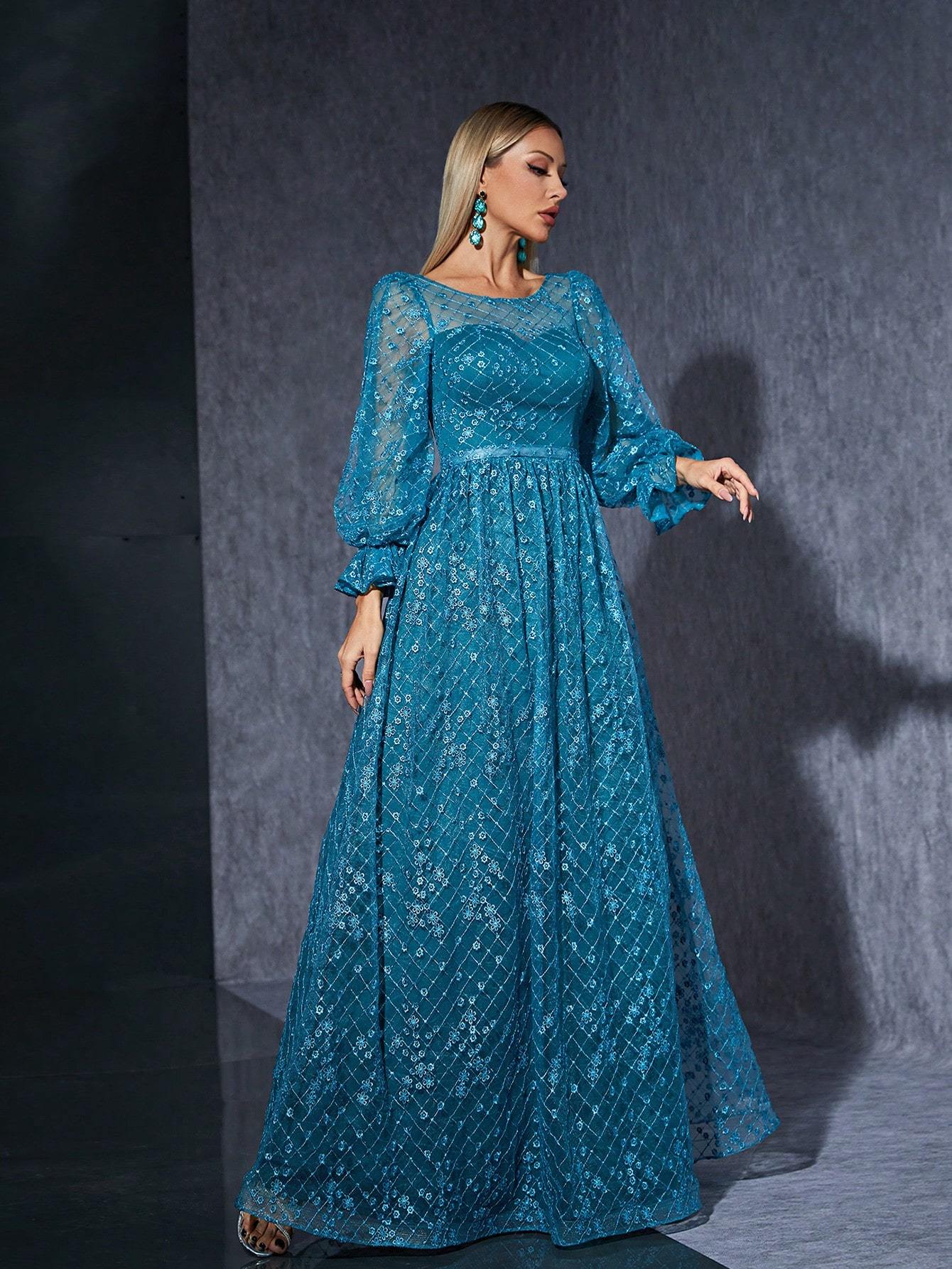 Leely Elegant Round Neck Split Sleeve Lace Evening Gown