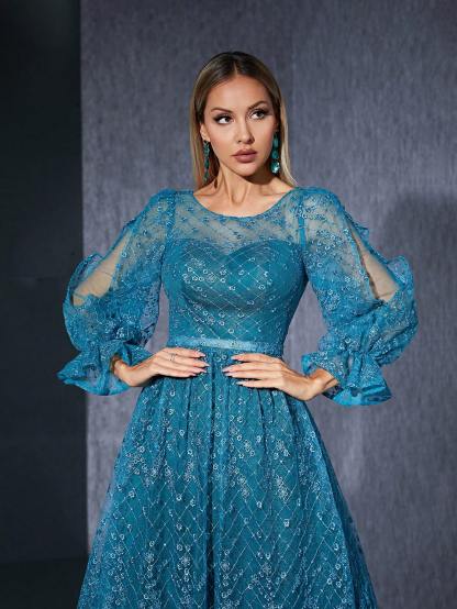 Leely Elegant Round Neck Split Sleeve Lace Evening Gown