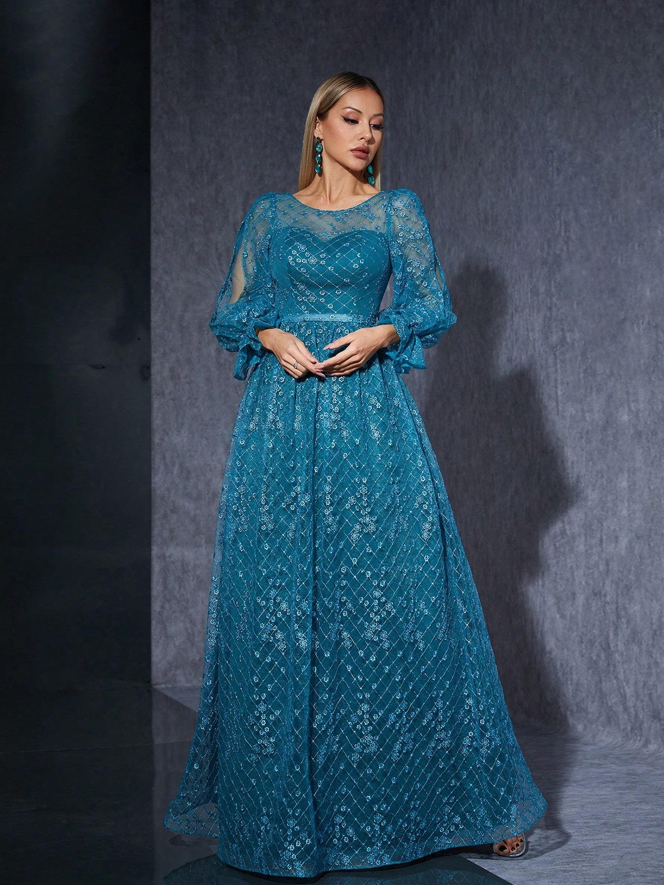 Leely Elegant Round Neck Split Sleeve Lace Evening Gown