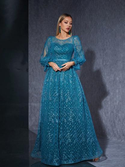 Leely Elegant Round Neck Split Sleeve Lace Evening Gown