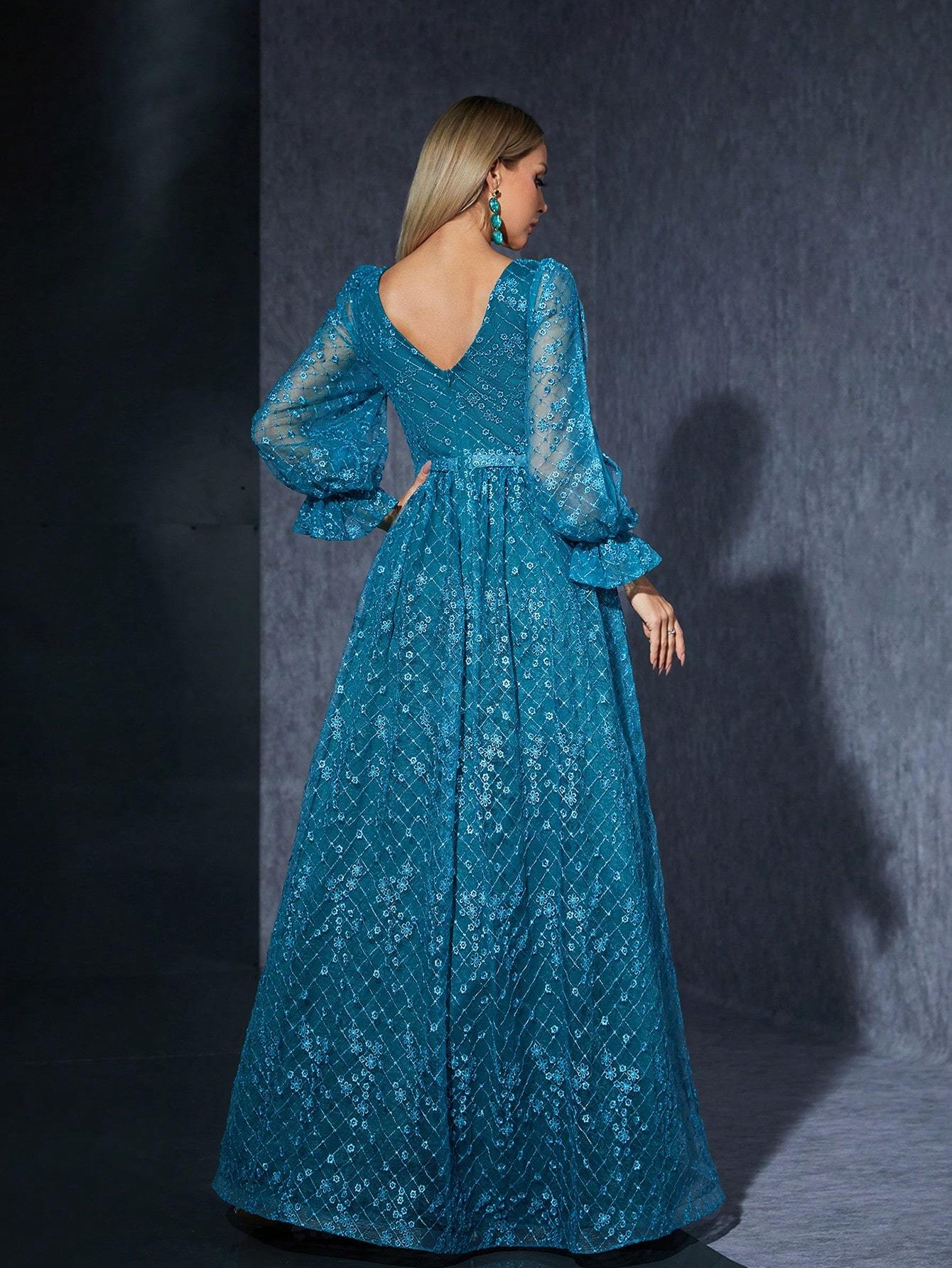 Leely Elegant Round Neck Split Sleeve Lace Evening Gown