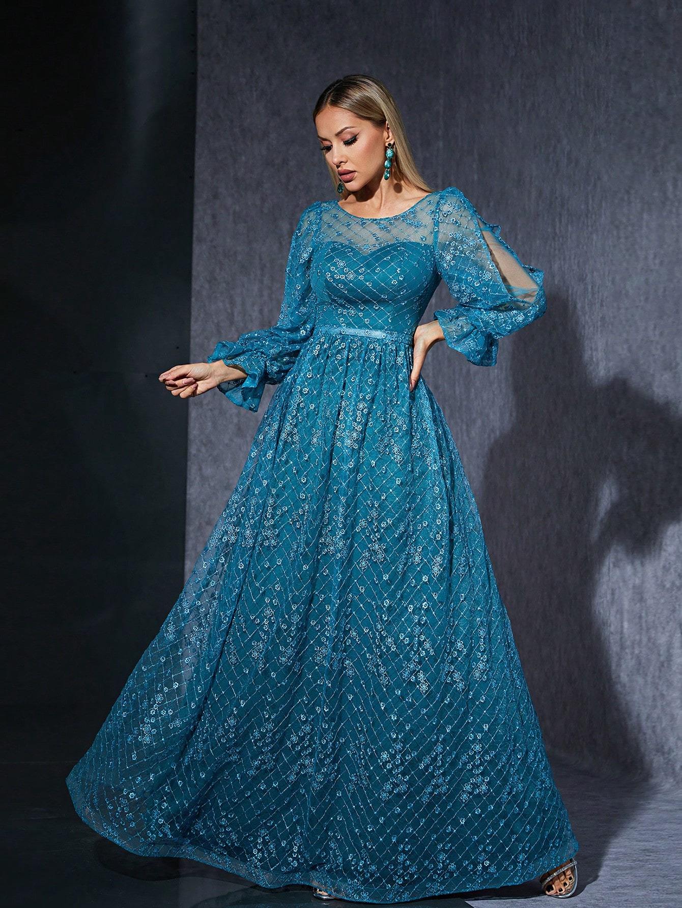 Leely Elegant Round Neck Split Sleeve Lace Evening Gown