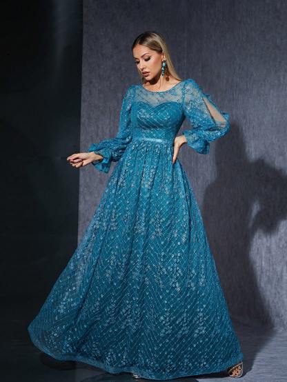 Leely Elegant Round Neck Split Sleeve Lace Evening Gown