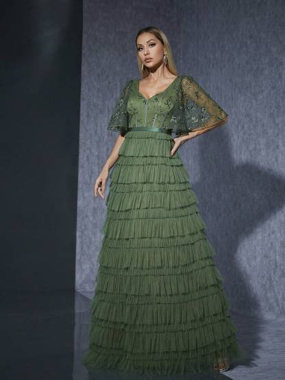 Leely Women's Elegant Sweetheart Cloak Sleeve Lace A-Line Dress