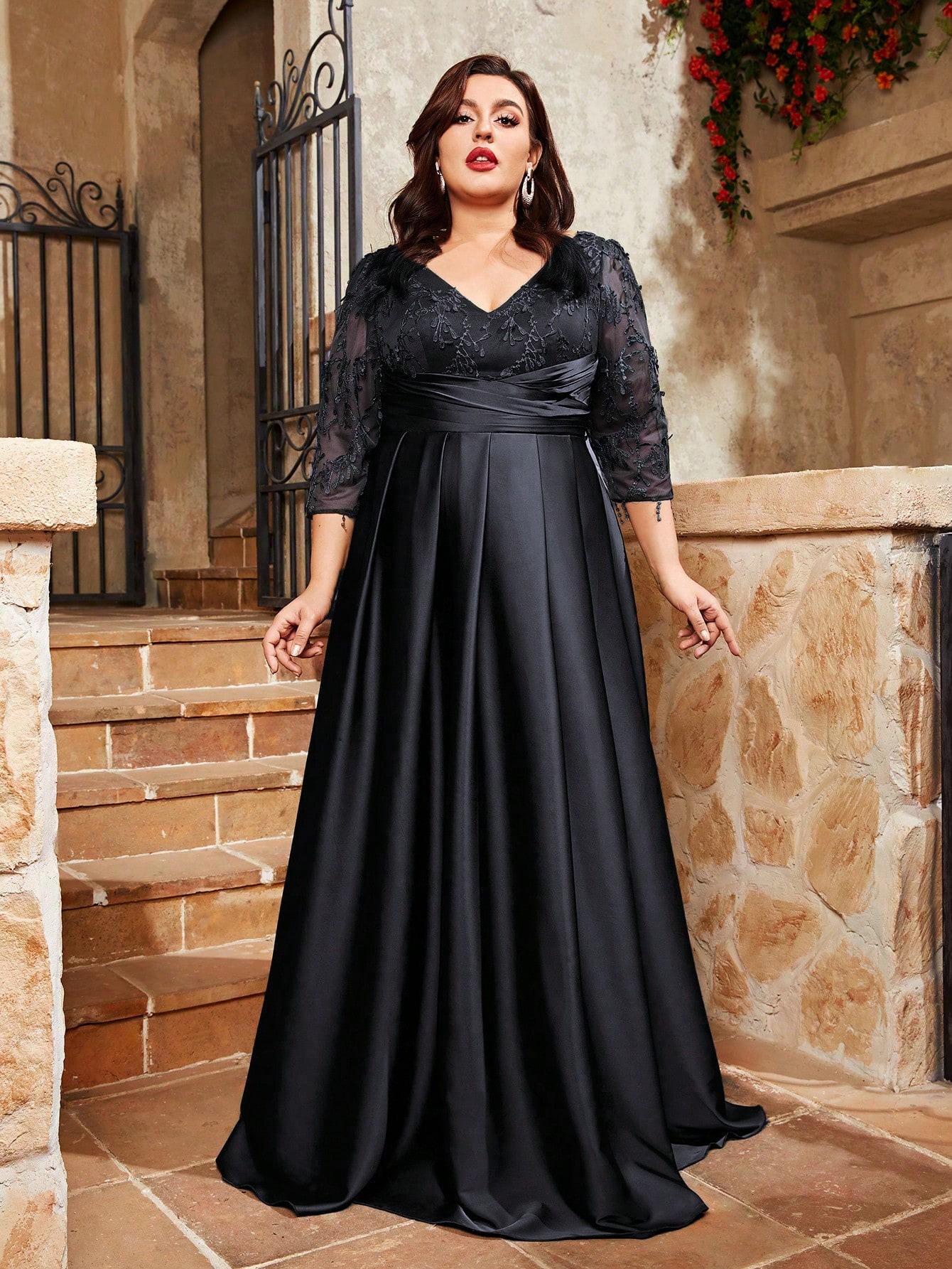 Leely Plus Women's Elegant V Neck Three Quarter Length Sleeve A-Line Dress