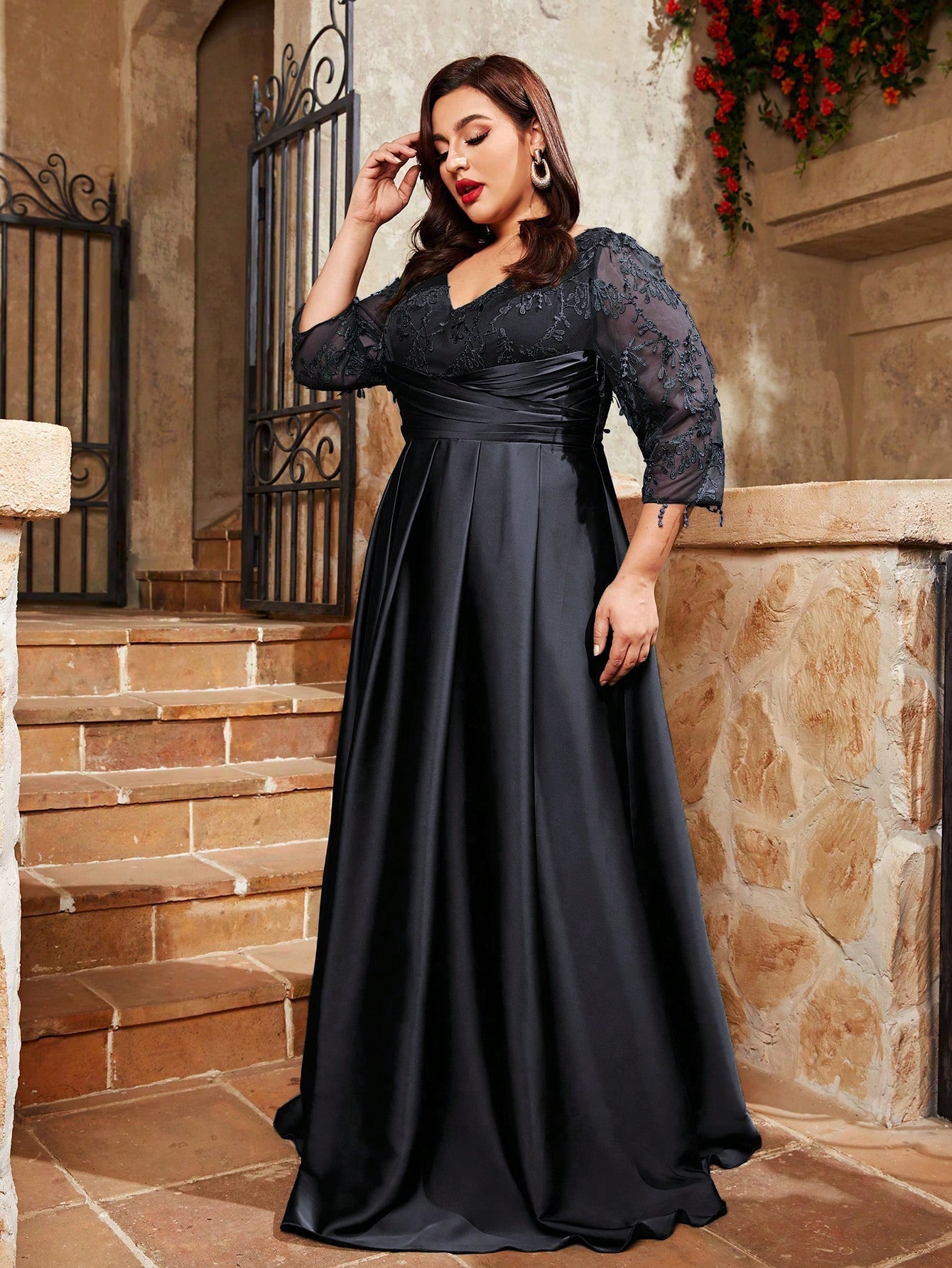 Leely Plus Women's Elegant V Neck Three Quarter Length Sleeve A-Line Dress