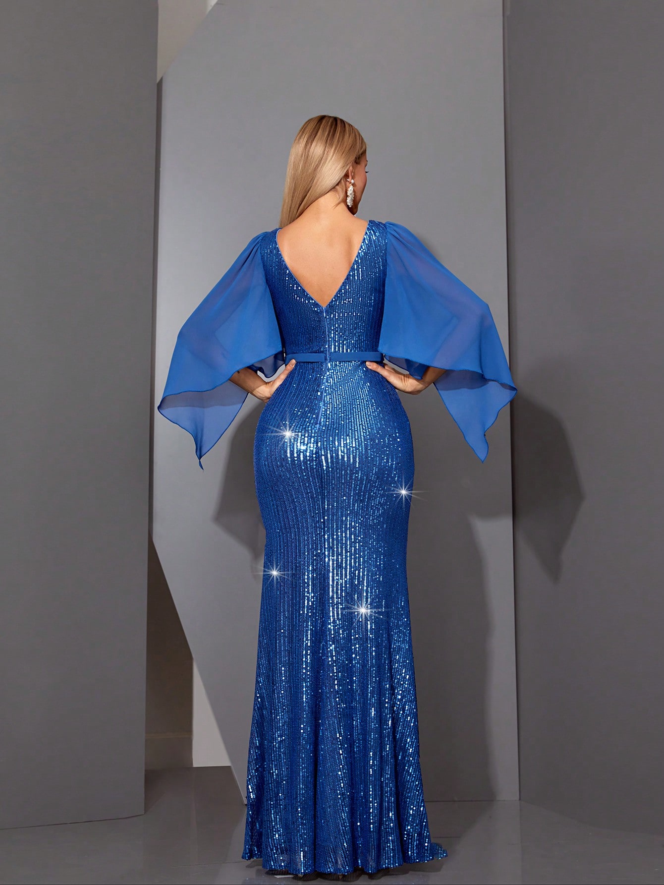 Leely Elegant V Neck Flounce Sleeve Evening Gown