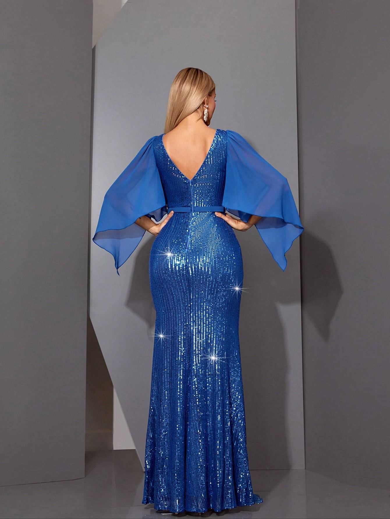 Leely Elegant V Neck Flounce Sleeve Evening Gown