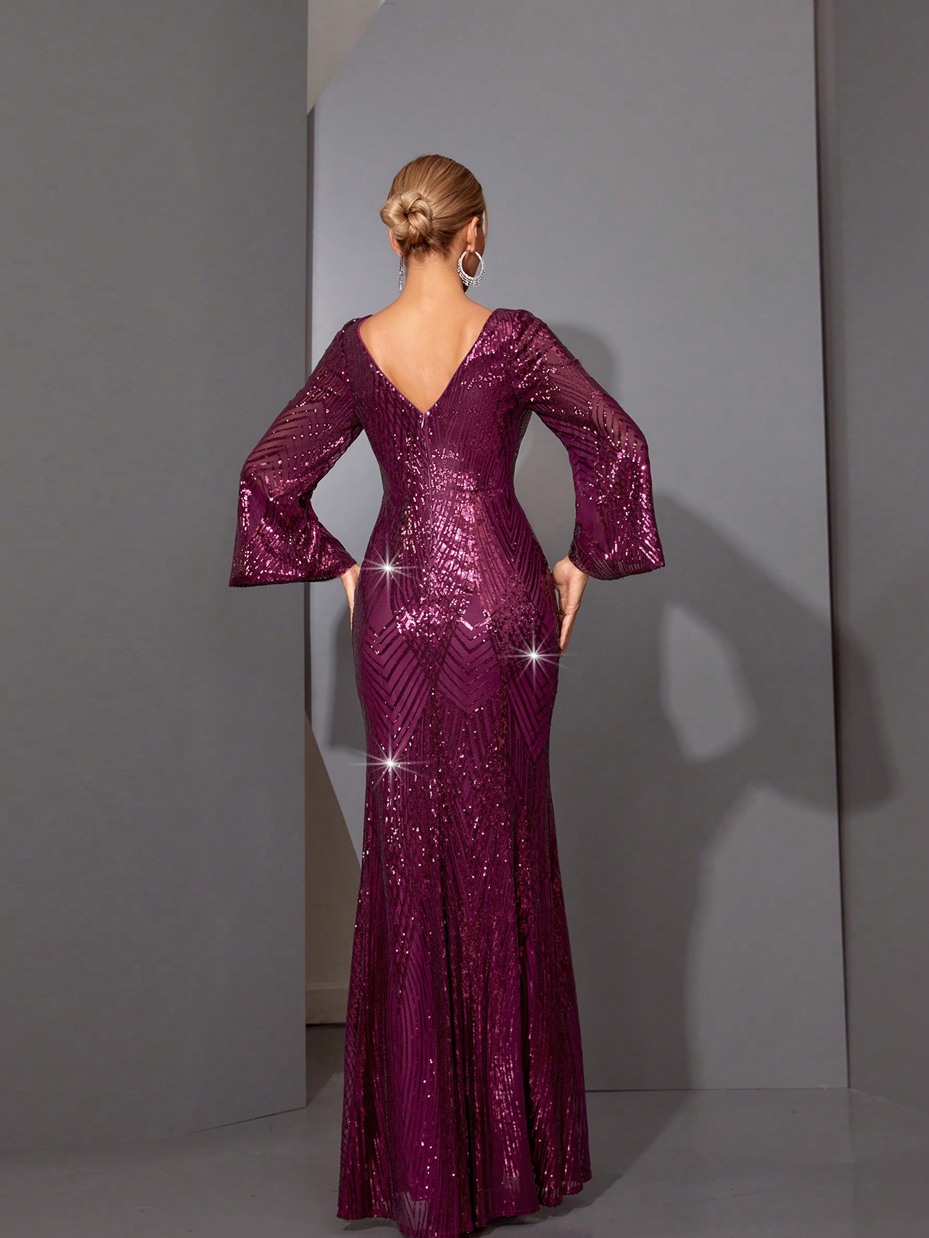 Leely Elegant V Neck Flare Sleeve Party Dress
