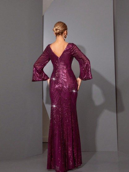 Leely Elegant V Neck Flare Sleeve Party Dress