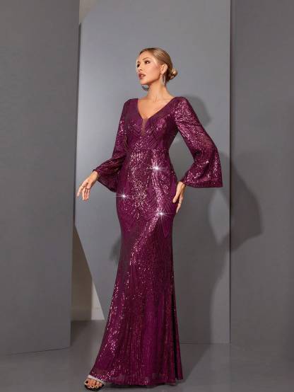 Leely Elegant V Neck Flare Sleeve Party Dress