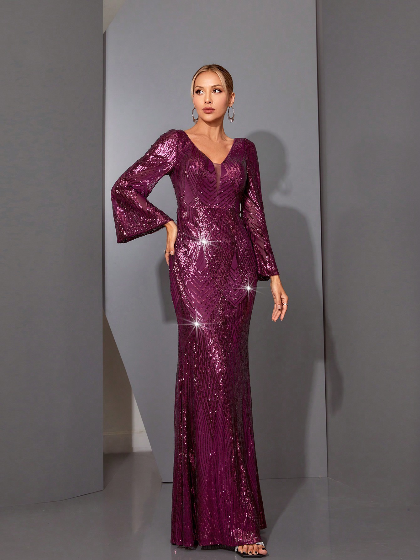 Leely Elegant V Neck Flare Sleeve Party Dress