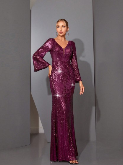 Leely Elegant V Neck Flare Sleeve Party Dress