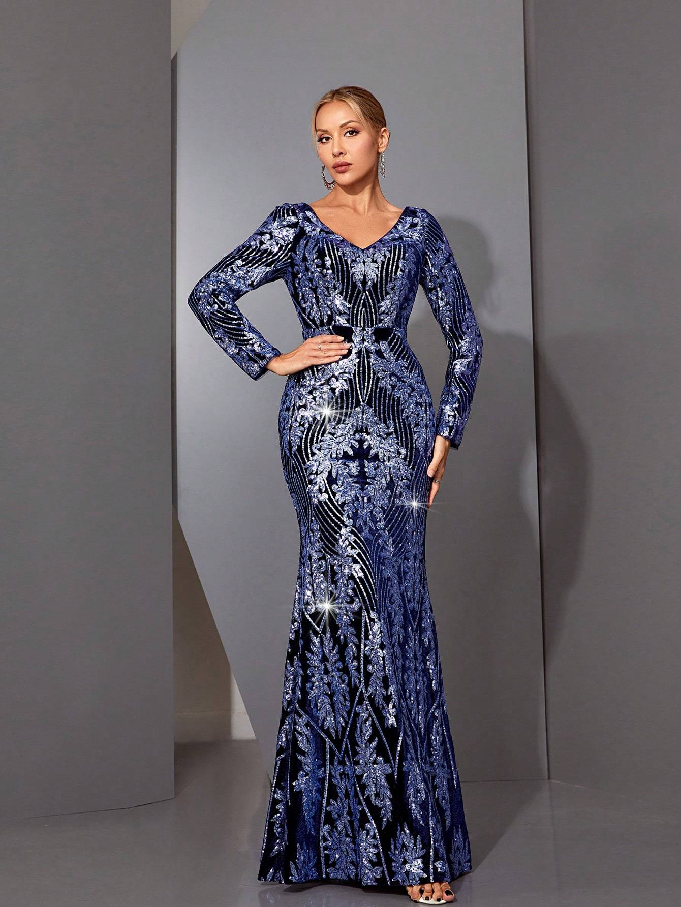 Leely Elegant V Neck Long Sleeve Party Dress
