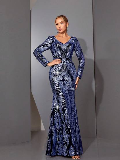 Leely Elegant V Neck Long Sleeve Party Dress