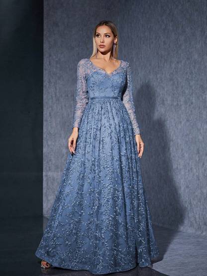 Leely Women's Elegant V Neck Long Sleeve Party Dress