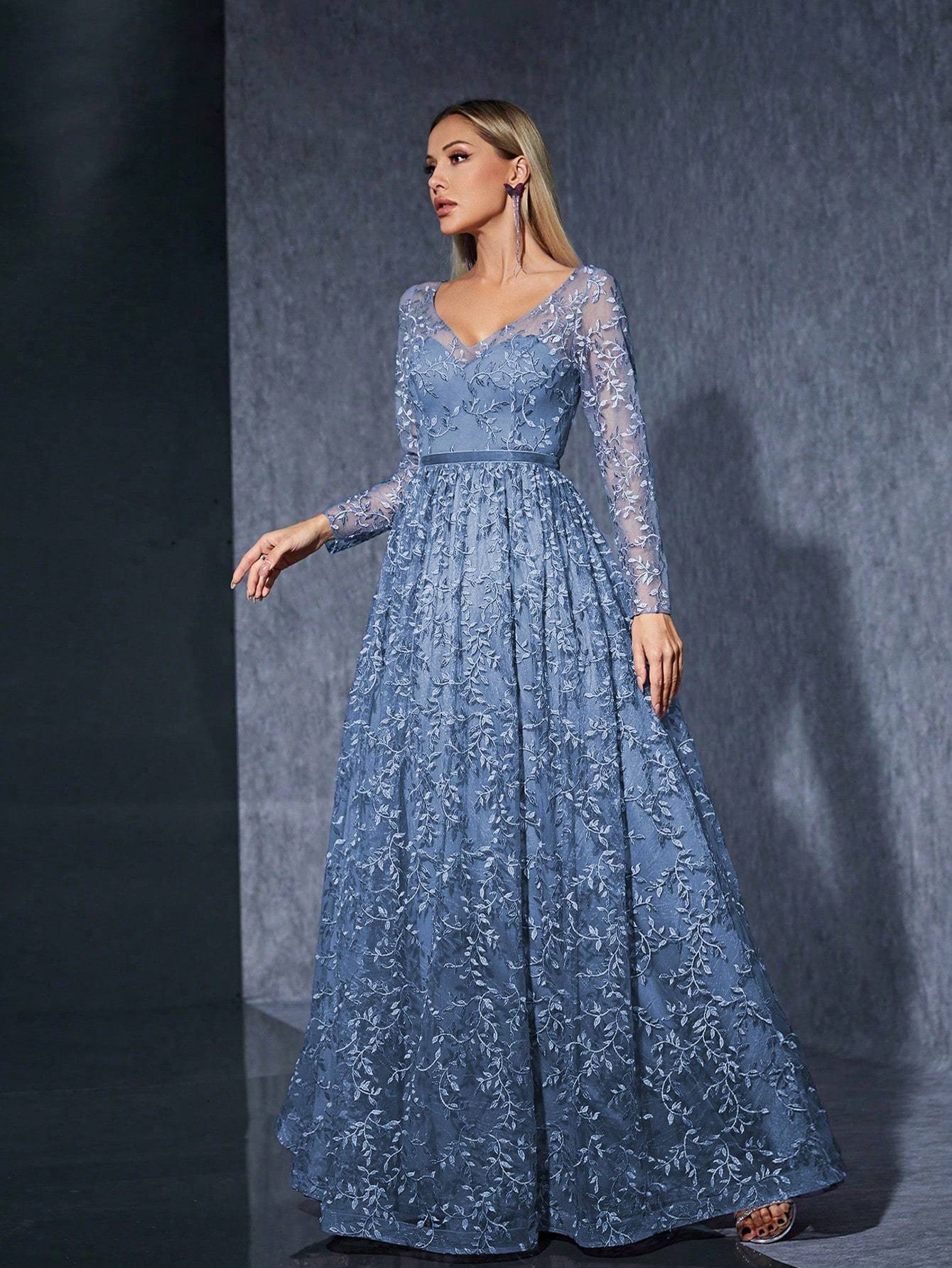 Leely Women's Elegant V Neck Long Sleeve Party Dress