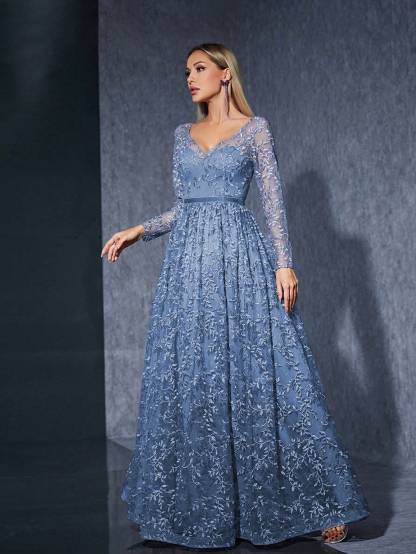 Leely Women's Elegant V Neck Long Sleeve Party Dress