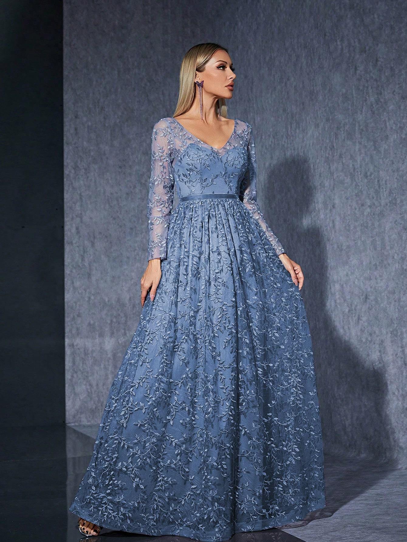 Leely Women's Elegant V Neck Long Sleeve Party Dress