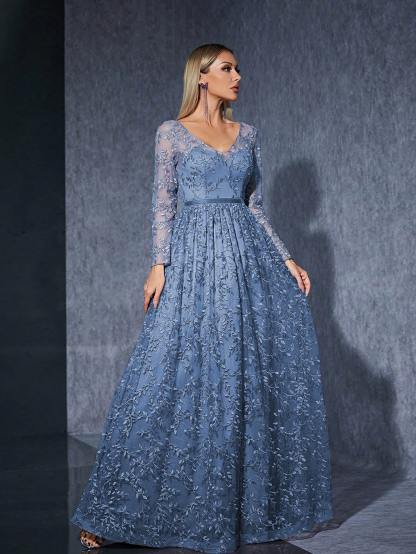 Leely Women's Elegant V Neck Long Sleeve Party Dress