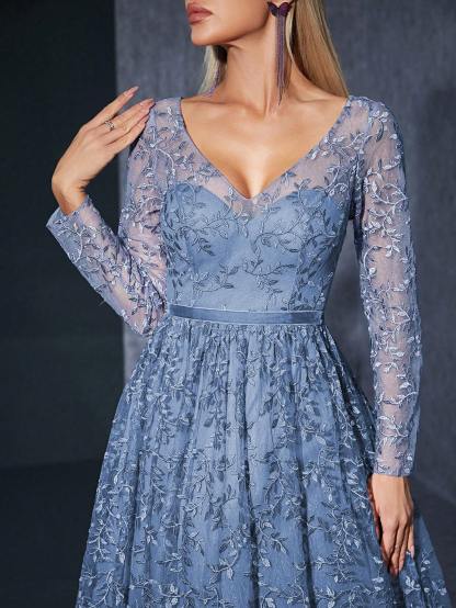 Leely Women's Elegant V Neck Long Sleeve Party Dress