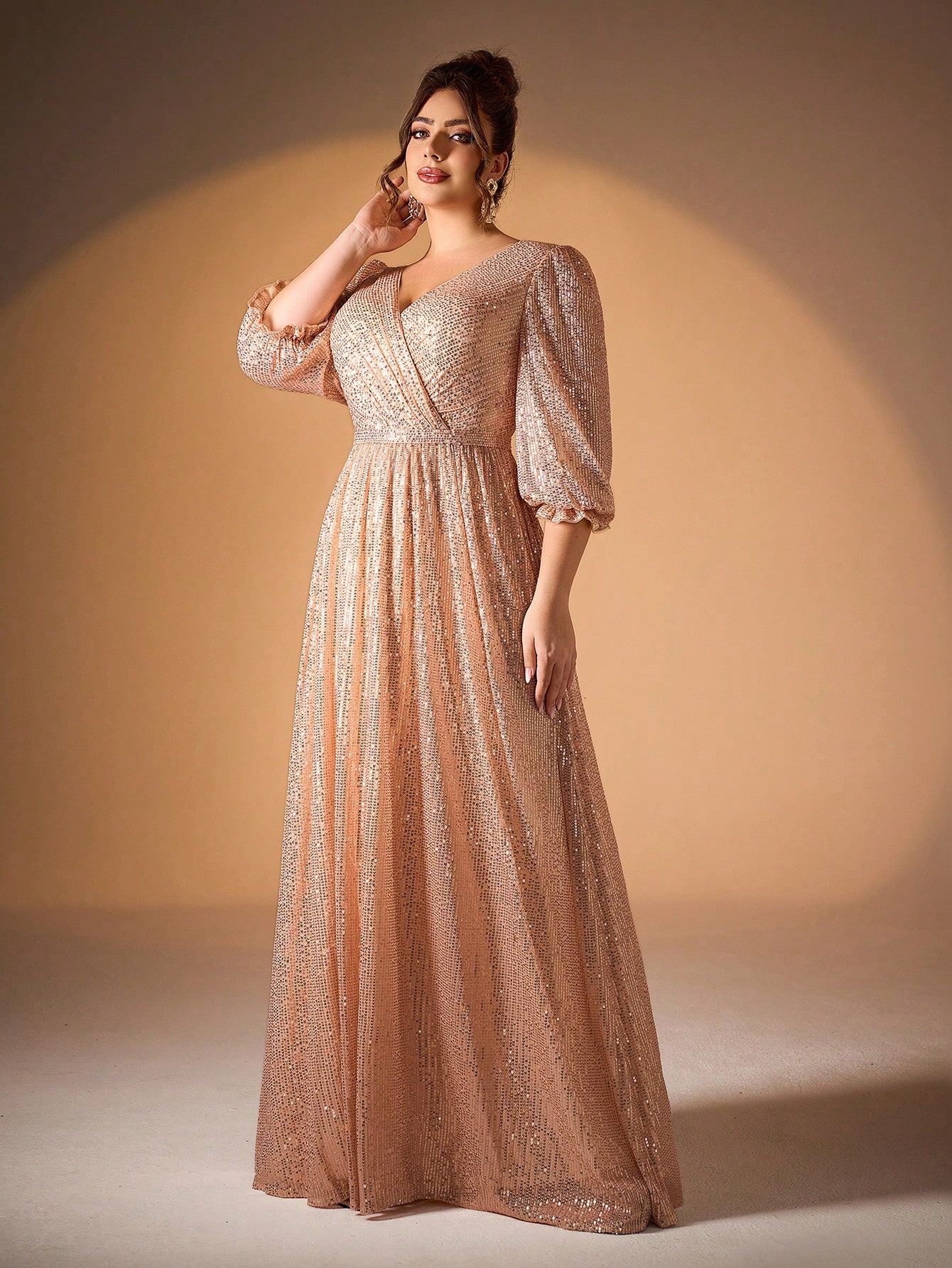 Leely Plus Women's Elegant V Neck Bishop Sleeve Sequin A-Line Dress
