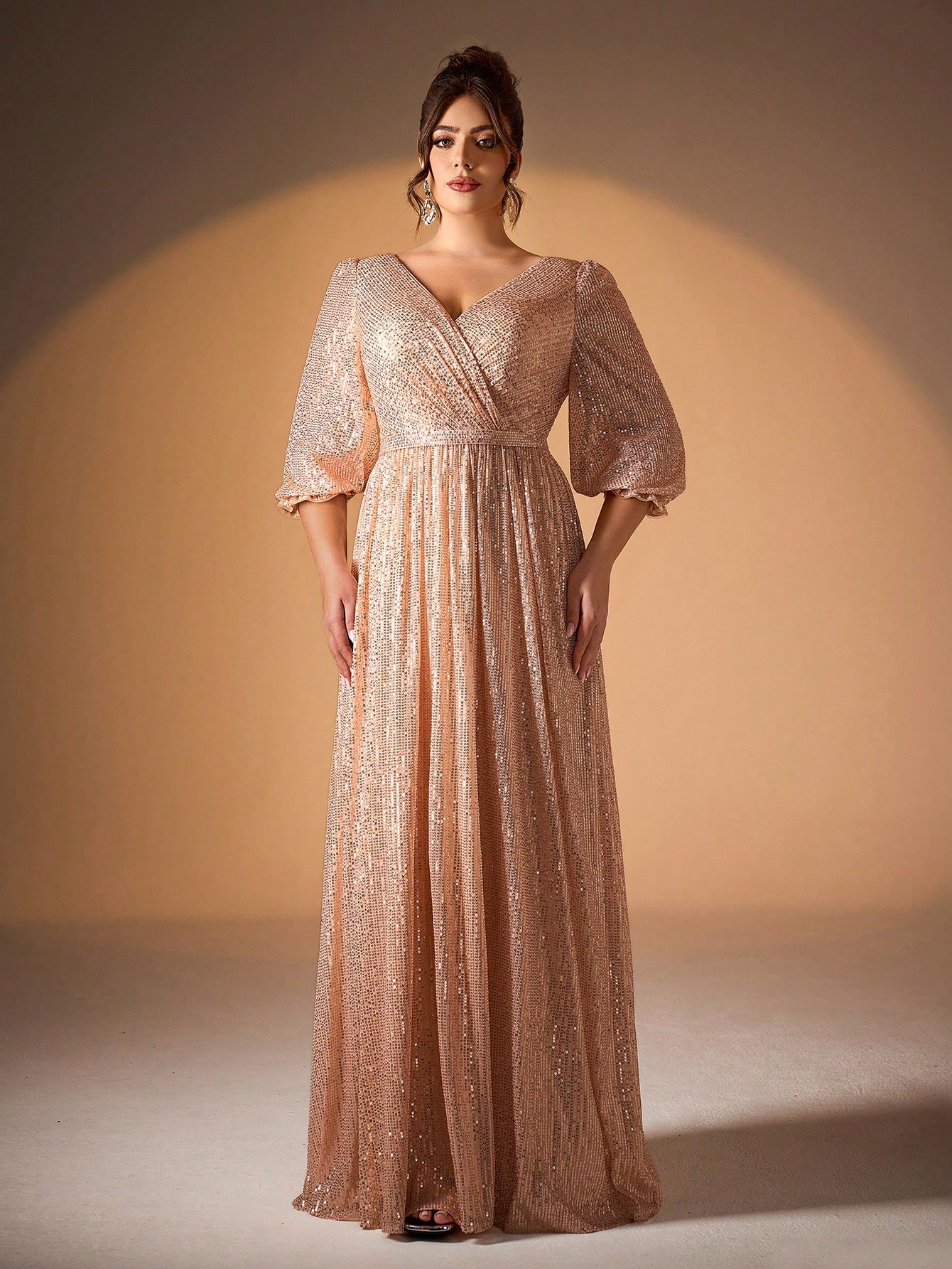 Leely Plus Women's Elegant V Neck Bishop Sleeve Sequin A-Line Dress
