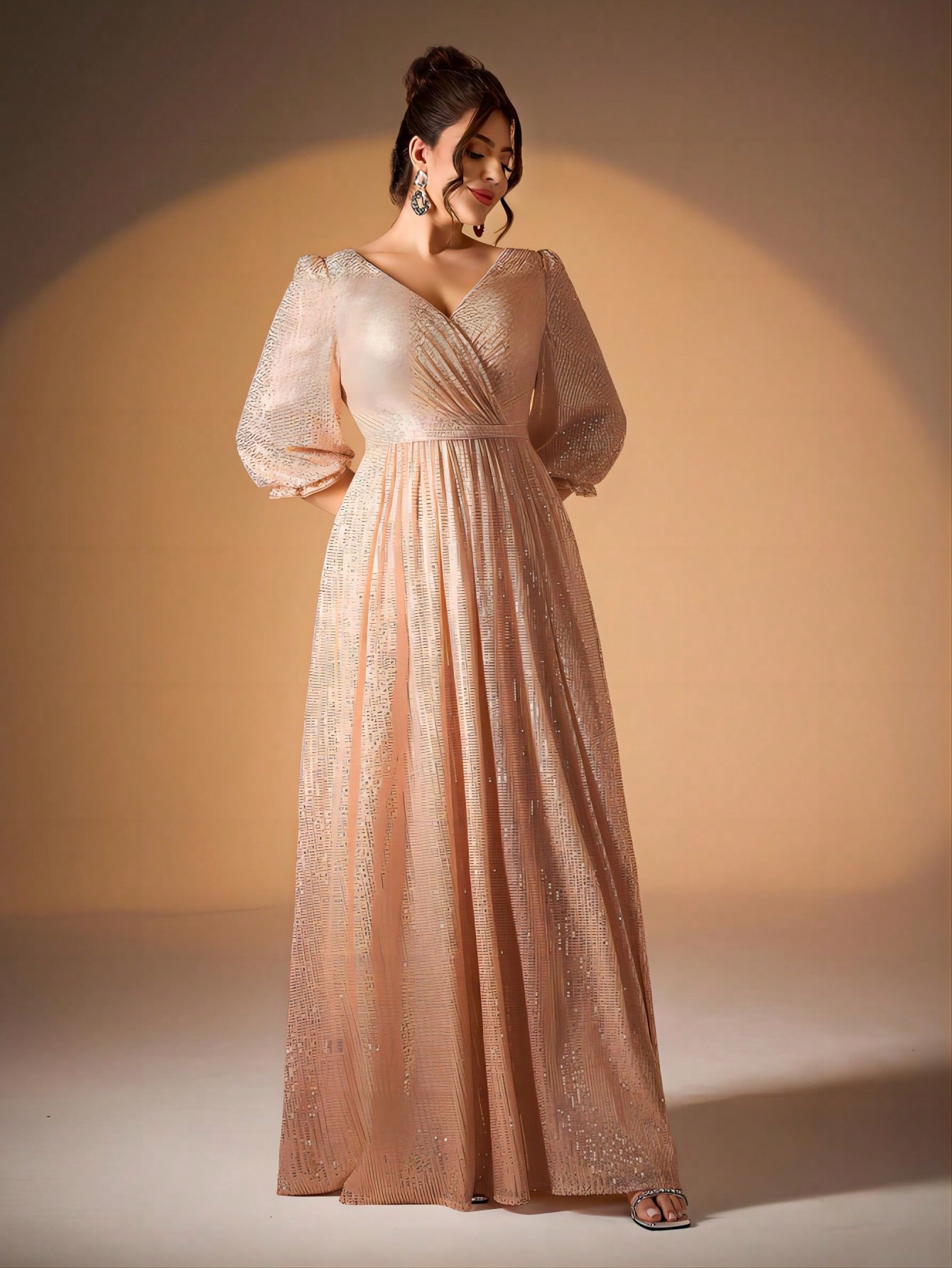 Leely Plus Women's Elegant V Neck Bishop Sleeve Sequin A-Line Dress