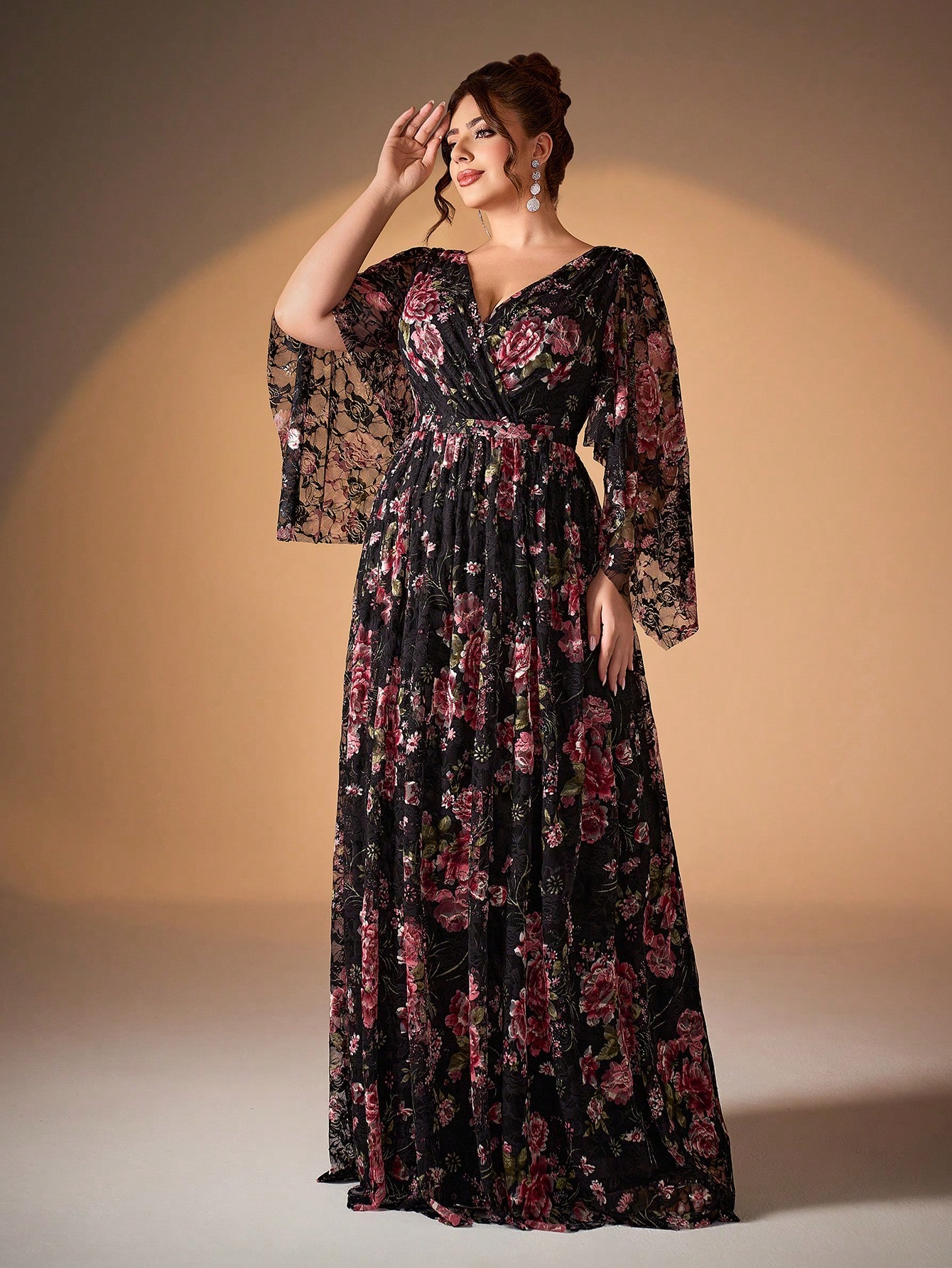 Leely Plus Women's Elegant V Neck Flounce Sleeve Chiffon Party Dress