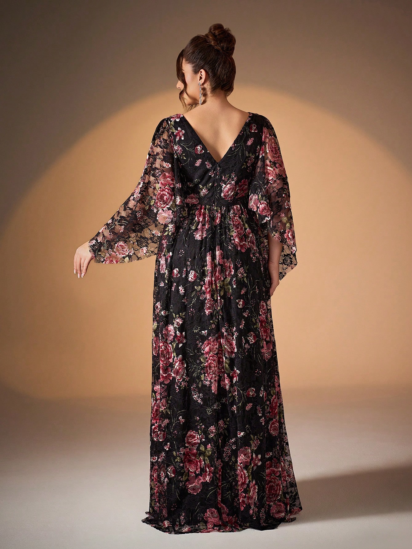 Leely Plus Women's Elegant V Neck Flounce Sleeve Chiffon Party Dress