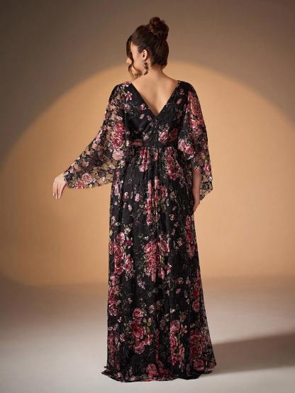Leely Plus Women's Elegant V Neck Flounce Sleeve Chiffon Party Dress