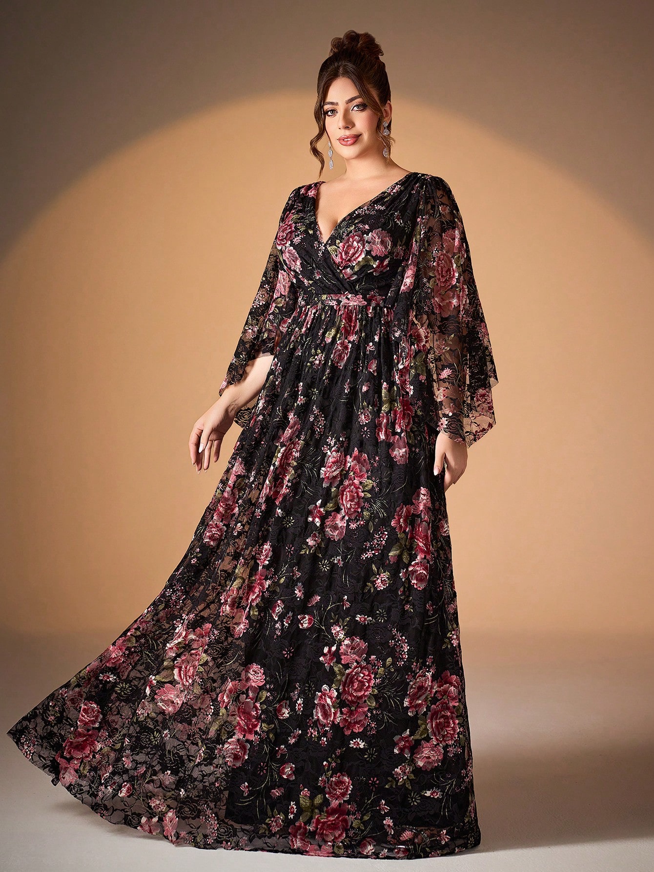 Leely Plus Women's Elegant V Neck Flounce Sleeve Chiffon Party Dress
