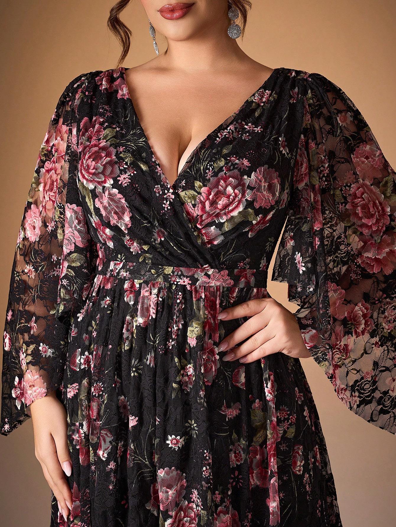 Leely Plus Women's Elegant V Neck Flounce Sleeve Chiffon Party Dress