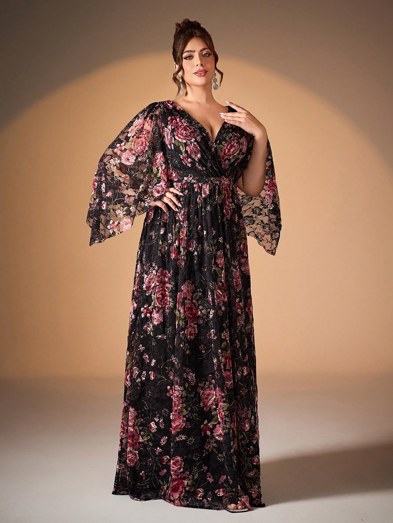 Leely Plus Women's Elegant V Neck Flounce Sleeve Chiffon Party Dress