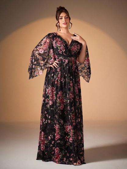 Leely Plus Women's Elegant V Neck Flounce Sleeve Chiffon Party Dress