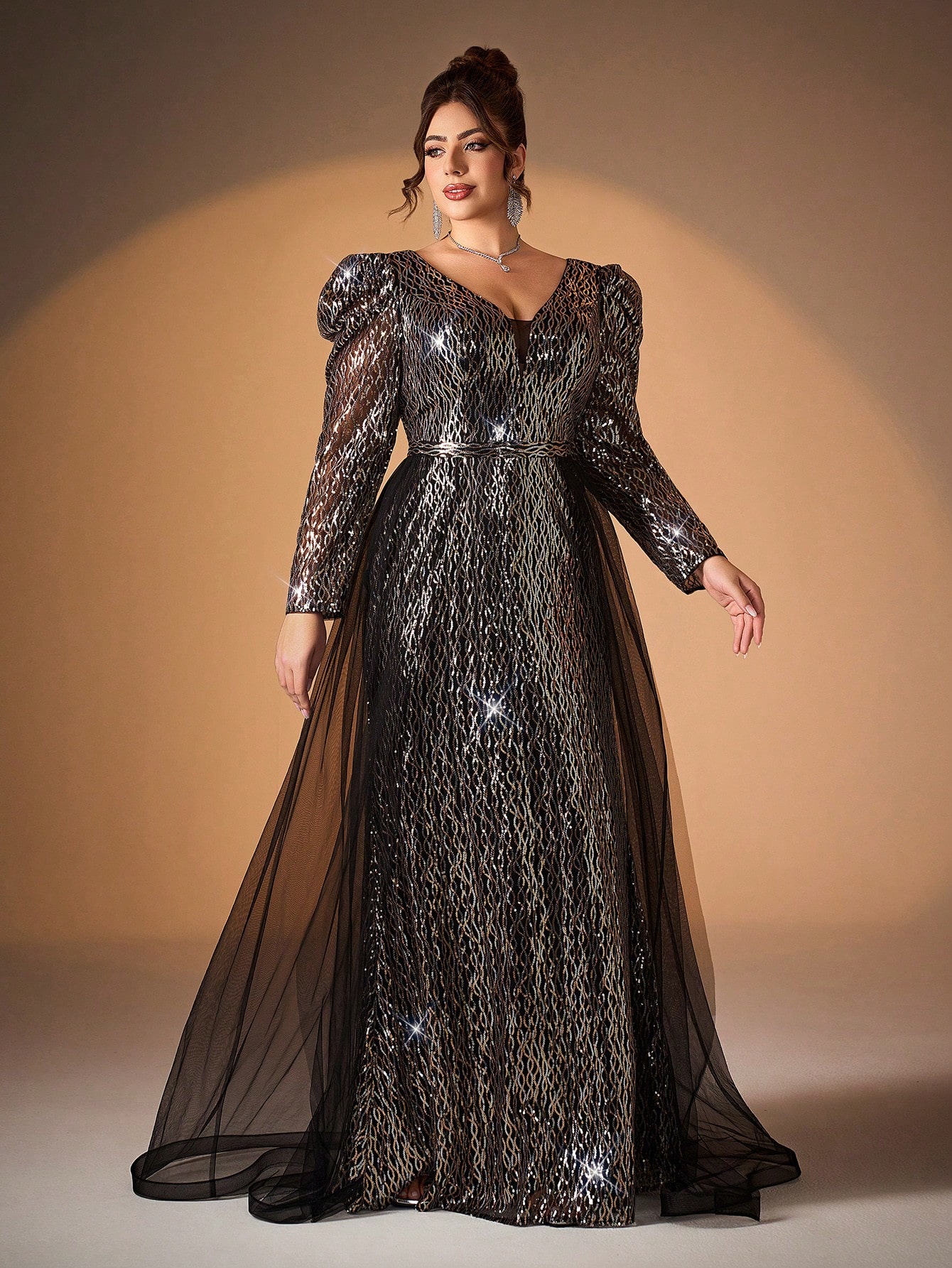 Leely Plus Women's Elegant V Neck Long Sleeve Sequin Evening Gown