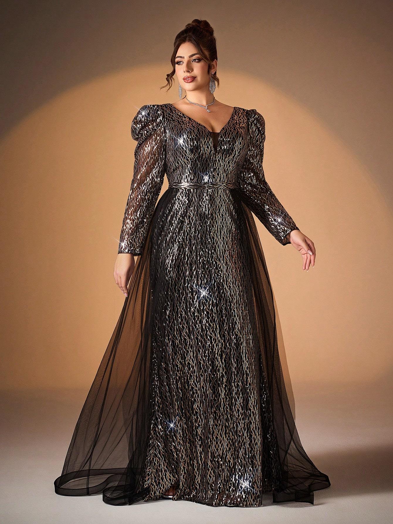 Leely Plus Women's Elegant V Neck Long Sleeve Sequin Evening Gown