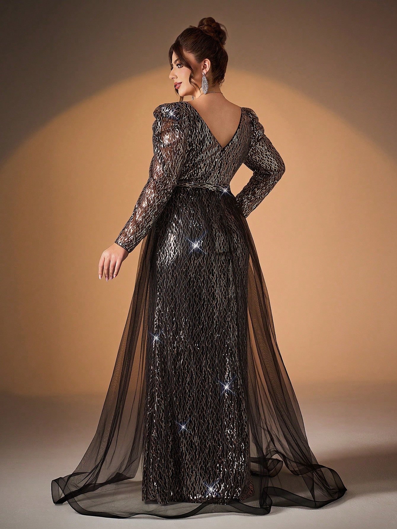 Leely Plus Women's Elegant V Neck Long Sleeve Sequin Evening Gown
