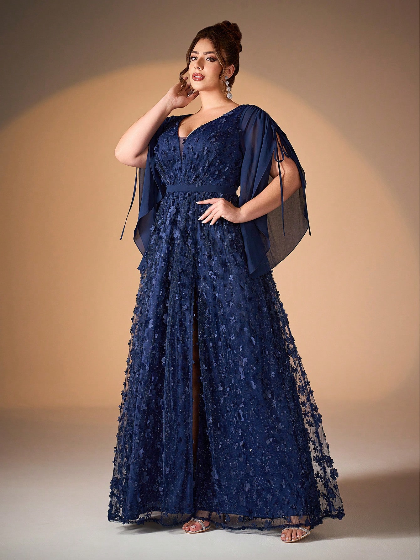 Leely Plus Women's Elegant V Neck Flounce Sleeve Graduation & Prom Dresses
