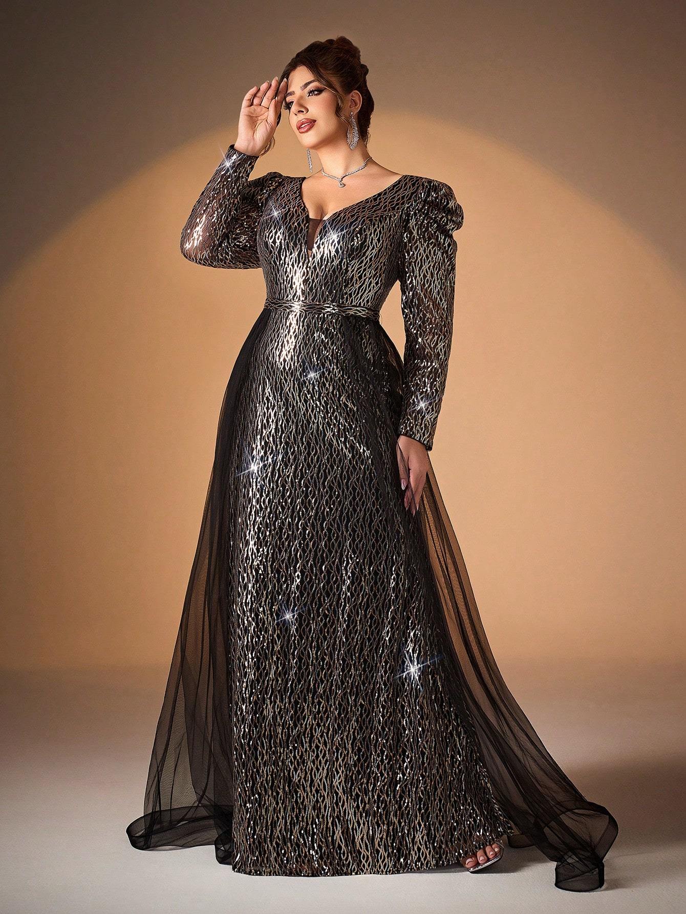 Leely Plus Women's Elegant V Neck Long Sleeve Sequin Evening Gown