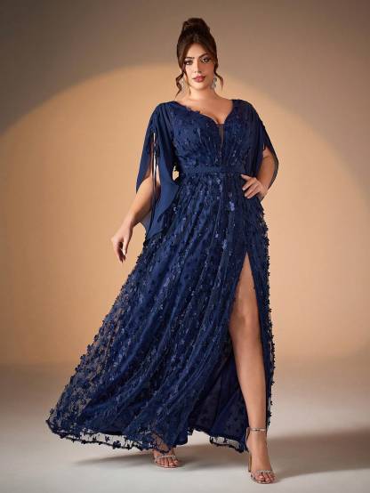 Leely Plus Women's Elegant V Neck Flounce Sleeve Graduation & Prom Dresses
