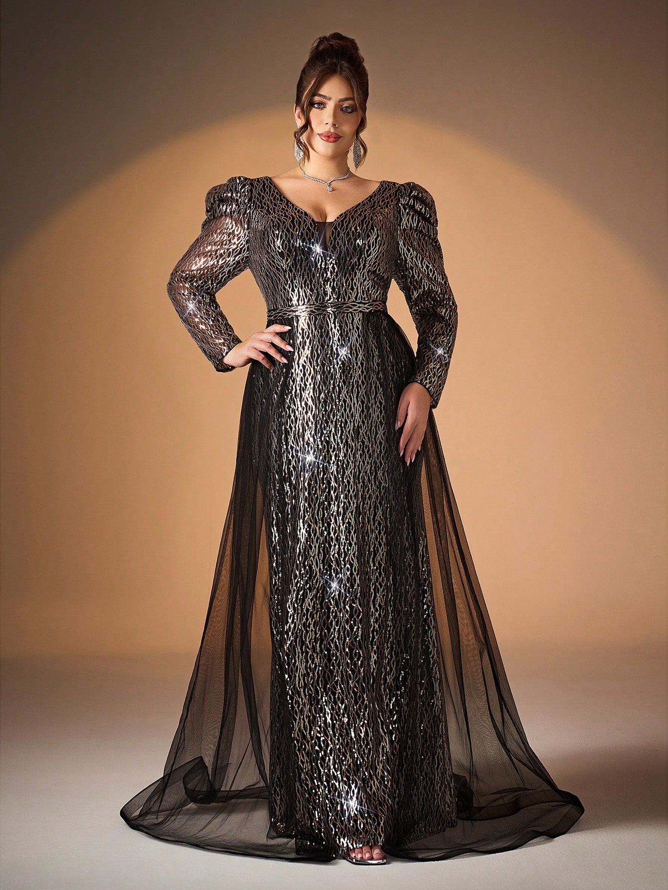Leely Plus Women's Elegant V Neck Long Sleeve Sequin Evening Gown