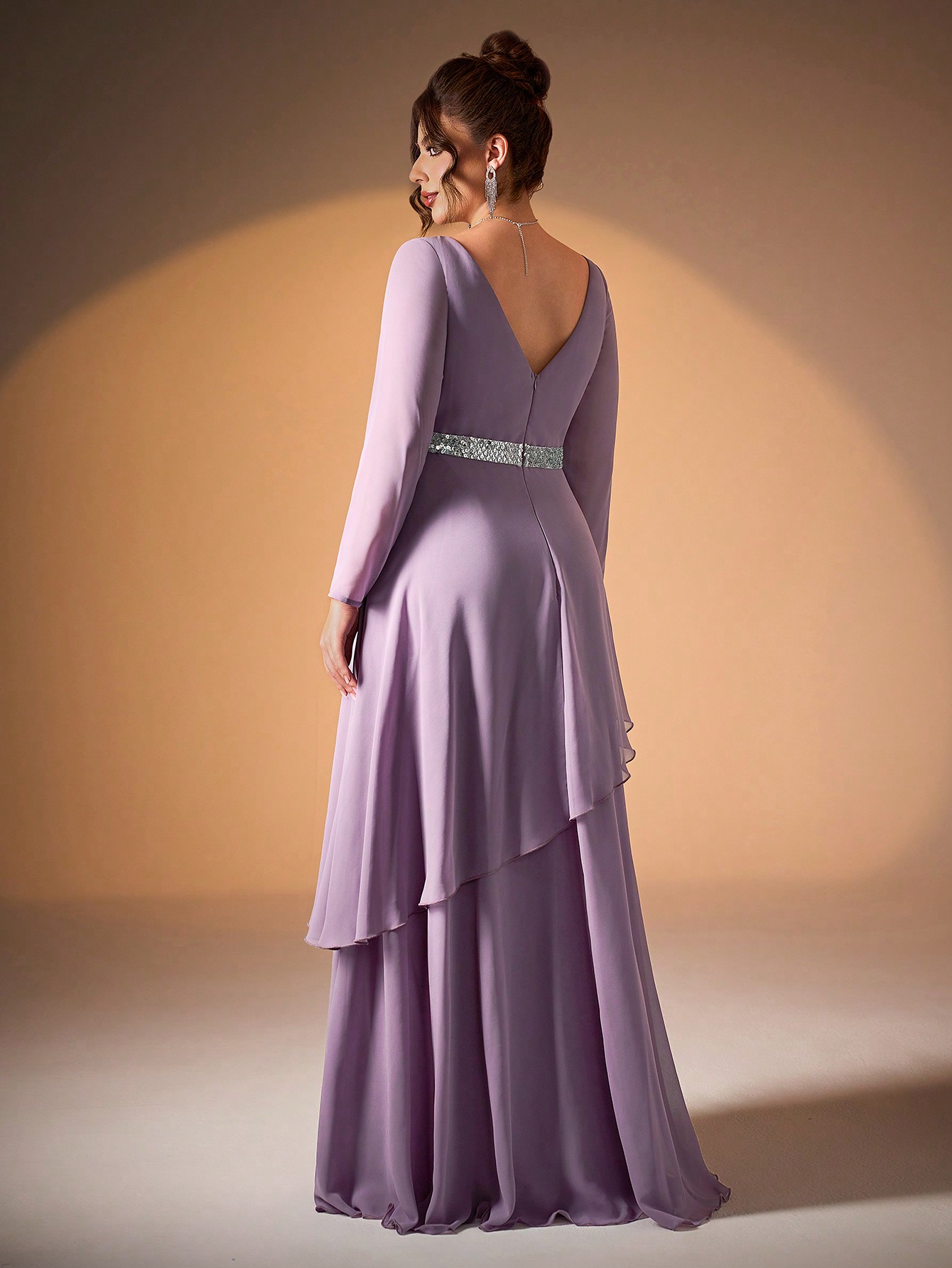 Leely Plus Women's Elegant V Neck Long Sleeve Chiffon Evening Gown