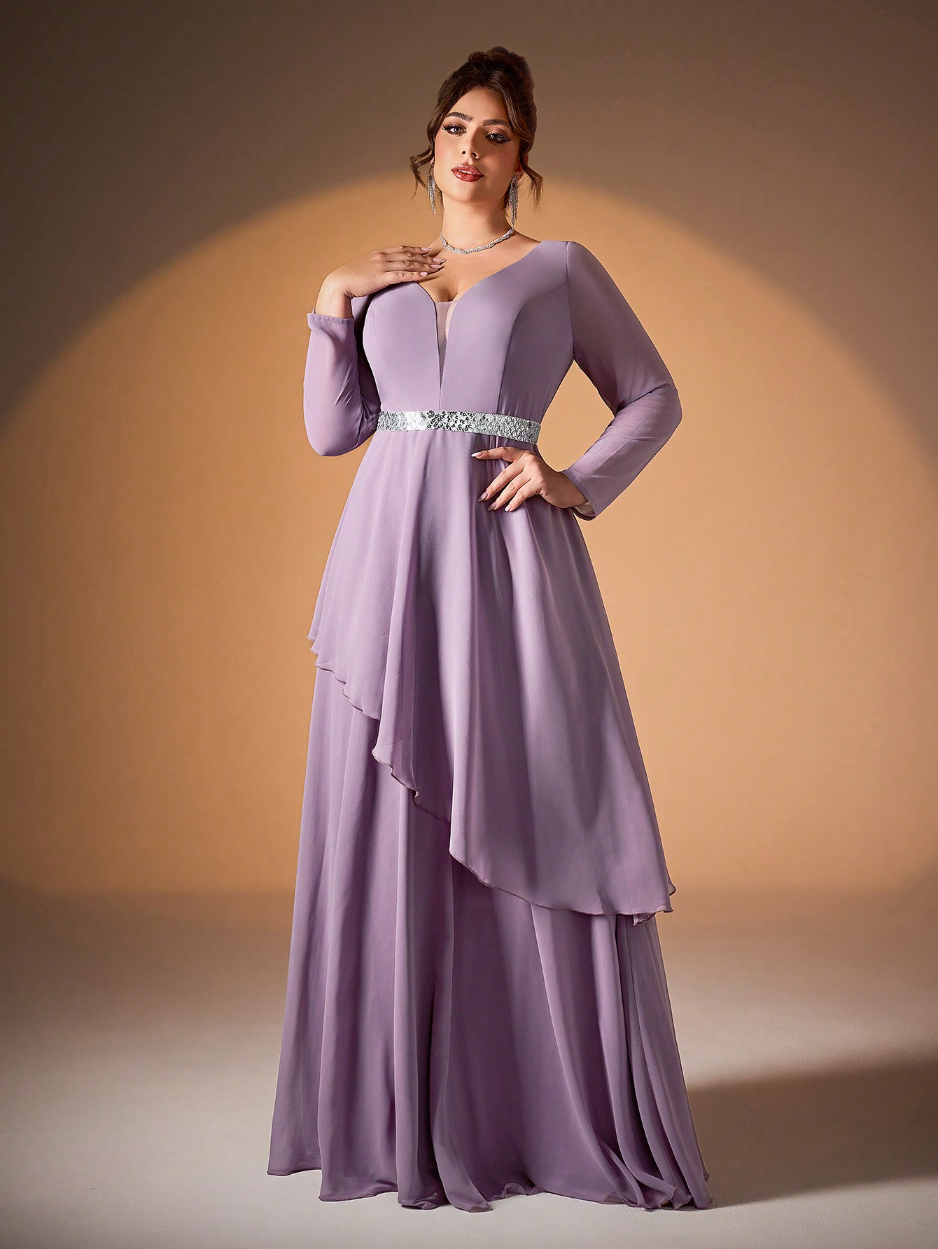 Leely Plus Women's Elegant V Neck Long Sleeve Chiffon Evening Gown