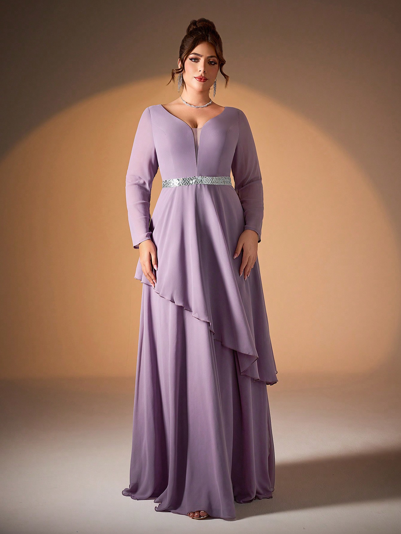 Leely Plus Women's Elegant V Neck Long Sleeve Chiffon Evening Gown